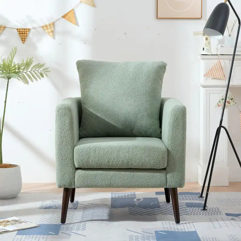 Fauteuil d'appoint baril en chenille avec pieds en bois massif et coussin lombaire