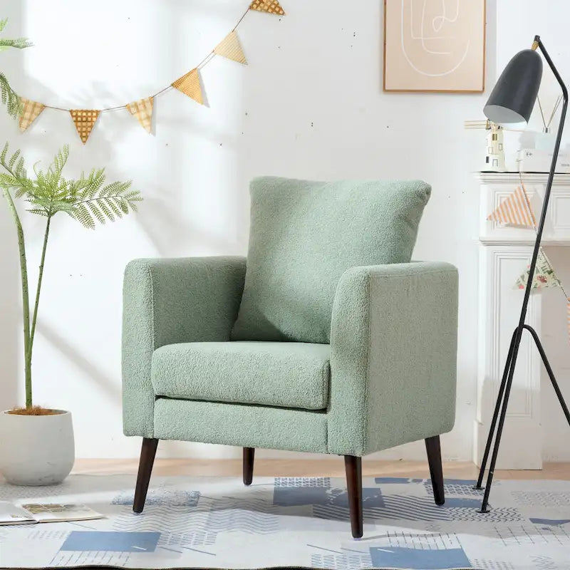 Fauteuil d'appoint baril en chenille avec pieds en bois massif et coussin lombaire
