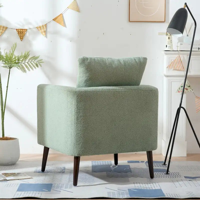 Fauteuil d'appoint baril en chenille avec pieds en bois massif et coussin lombaire