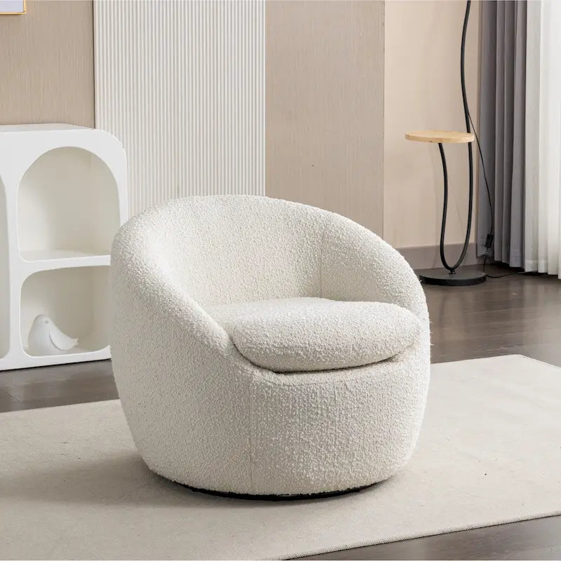 Fauteuil d'appoint barillet en bouclette blanc crème avec base pivotante à 360°
