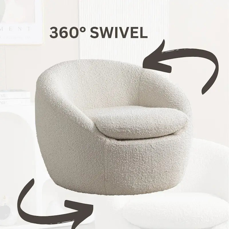 Fauteuil d'appoint barillet en bouclette blanc crème avec base pivotante à 360°