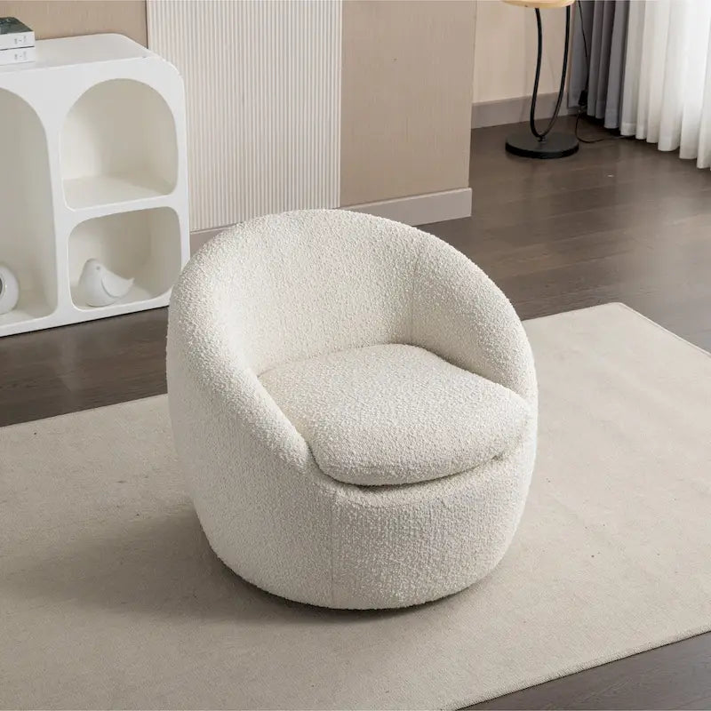 Fauteuil d'appoint barillet en bouclette blanc crème avec base pivotante à 360°