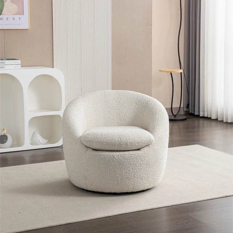 Fauteuil d'appoint barillet en bouclette blanc crème avec base pivotante à 360°