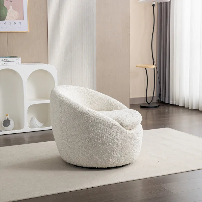 Fauteuil d'appoint barillet en bouclette blanc crème avec base pivotante à 360°