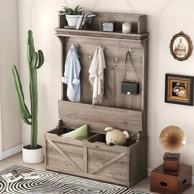 74 3-In-1 Hall Tree Storage Bench and Coat Rack with 5 Hooks, and Anti-Topple Anchor for Entryway