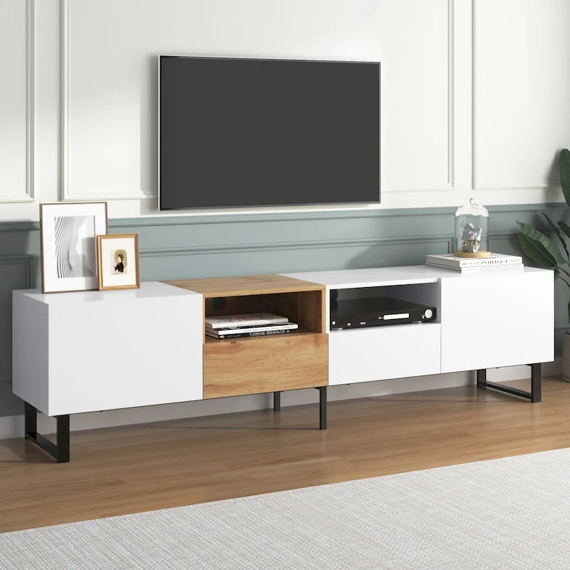 Meuble TV de 190 cm avec 2 placards et étagère de rangement ouverte, convient aux téléviseurs jusqu'à 85 pouces