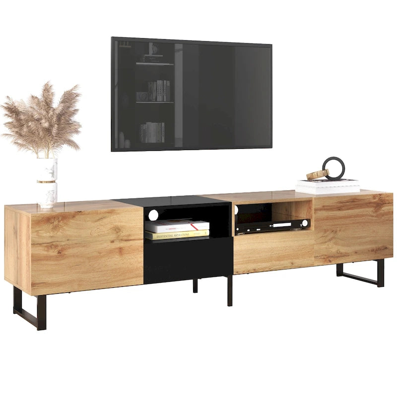 Meuble TV de 190 cm avec 2 placards et étagère de rangement ouverte, convient aux téléviseurs jusqu'à 85 pouces