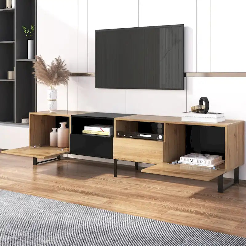Meuble TV de 190 cm avec 2 placards et étagère de rangement ouverte, convient aux téléviseurs jusqu'à 85 pouces