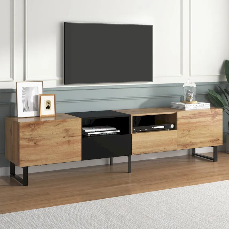 Meuble TV de 190 cm avec 2 placards et étagère de rangement ouverte, convient aux téléviseurs jusqu'à 85 pouces