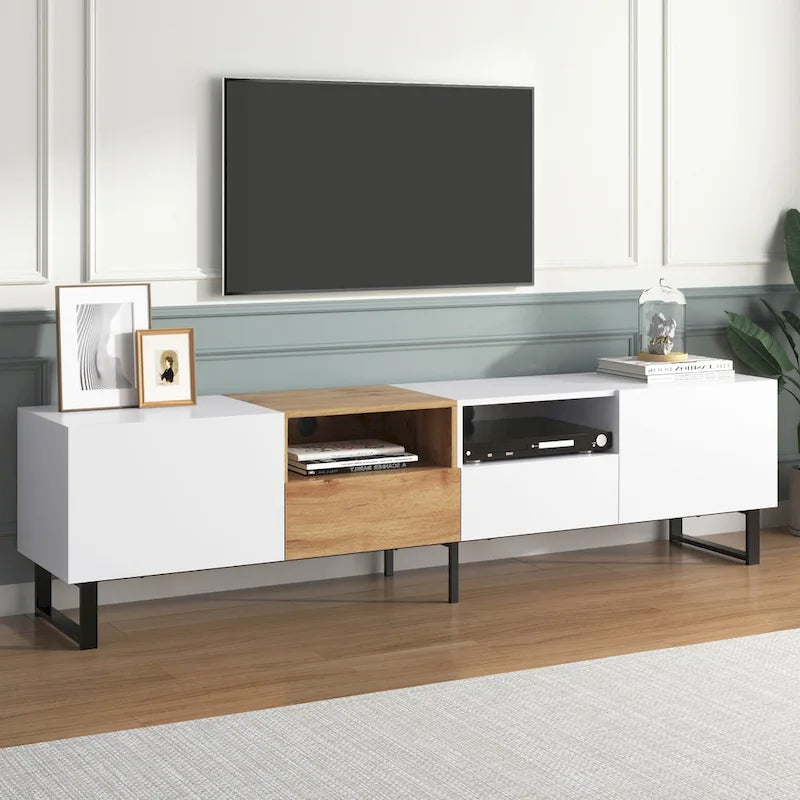 Meuble TV de 190 cm avec 2 placards et étagère de rangement ouverte, convient aux téléviseurs jusqu'à 85 pouces