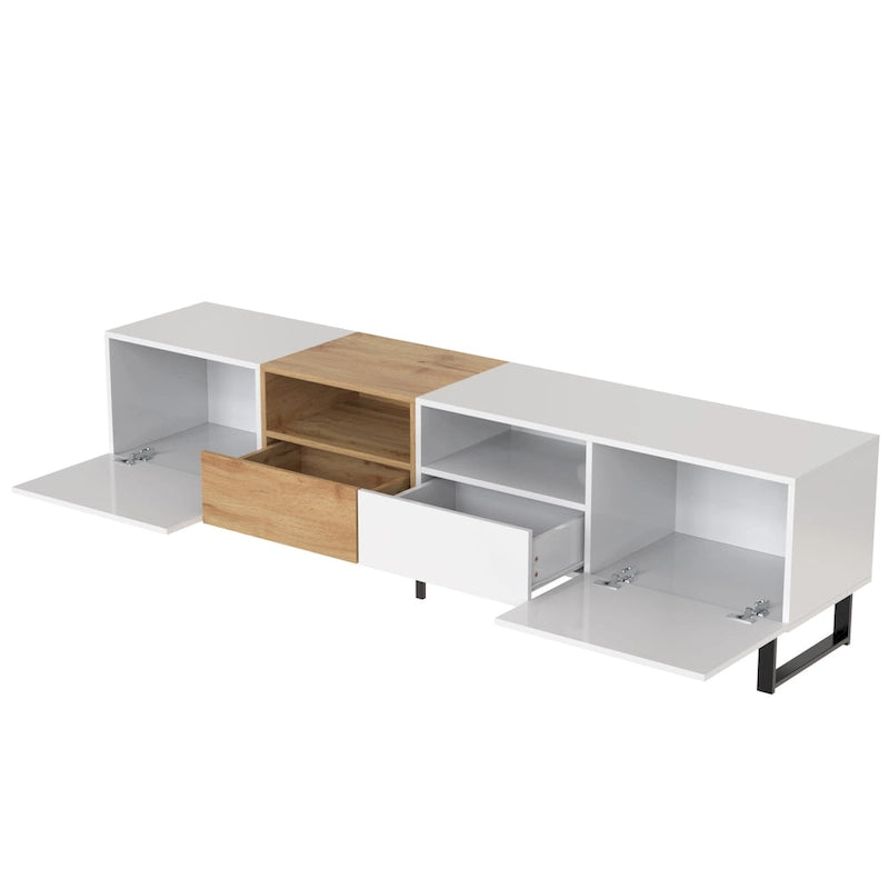 Meuble TV de 190 cm avec 2 placards et étagère de rangement ouverte, convient aux téléviseurs jusqu'à 85 pouces