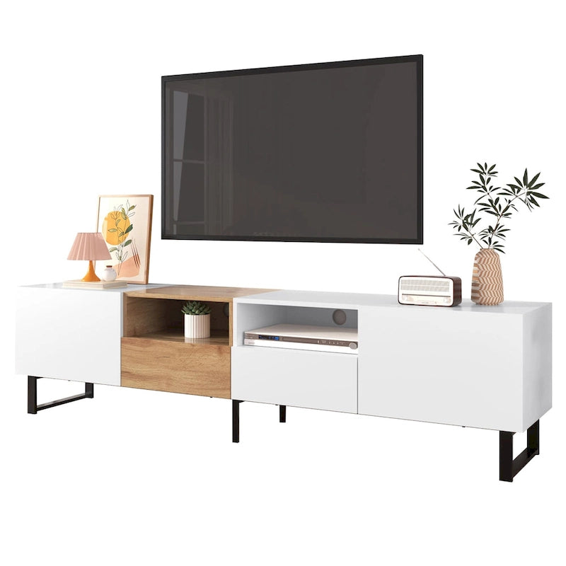 Meuble TV de 190 cm avec 2 placards et étagère de rangement ouverte, convient aux téléviseurs jusqu'à 85 pouces