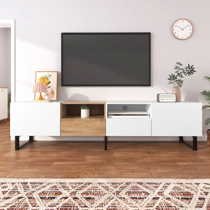 Meuble TV de 190 cm avec 2 placards et étagère de rangement ouverte, convient aux téléviseurs jusqu'à 85 pouces