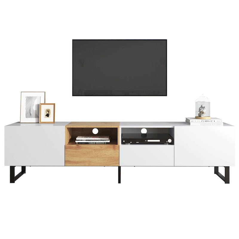 Meuble TV de 190 cm avec 2 placards et étagère de rangement ouverte, convient aux téléviseurs jusqu'à 85 pouces