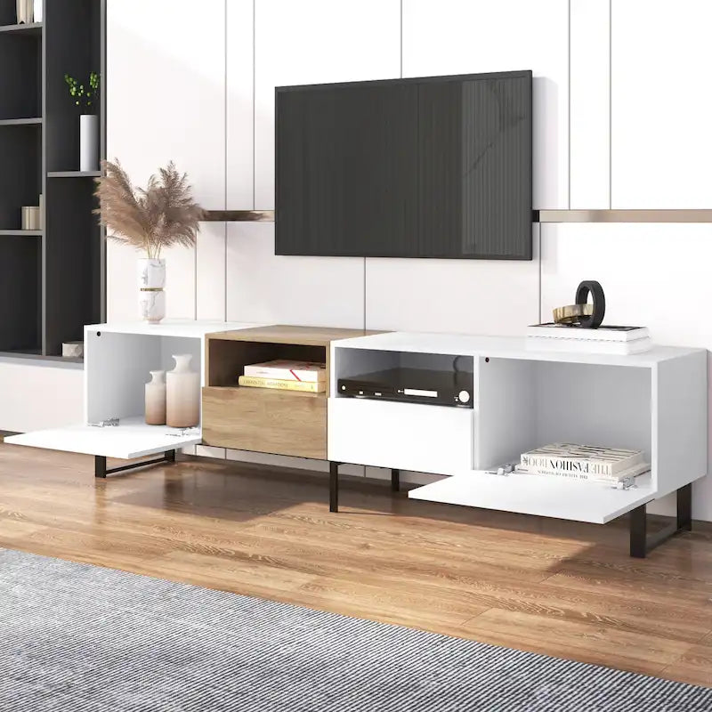 Meuble TV de 190 cm avec 2 placards et étagère de rangement ouverte, convient aux téléviseurs jusqu'à 85 pouces