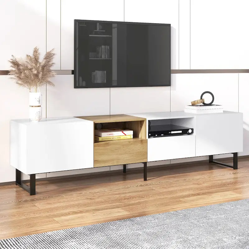 Meuble TV de 190 cm avec 2 placards et étagère de rangement ouverte, convient aux téléviseurs jusqu'à 85 pouces