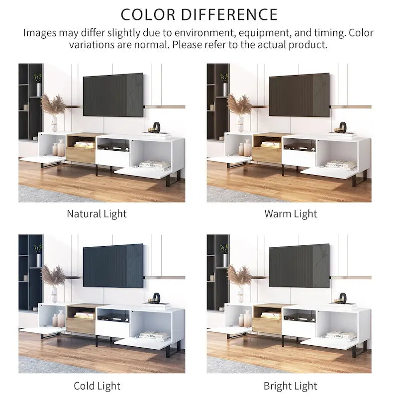 Meuble TV de 190 cm avec 2 placards et étagère de rangement ouverte, convient aux téléviseurs jusqu'à 85 pouces