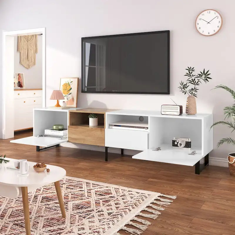 Meuble TV de 190 cm avec 2 placards et étagère de rangement ouverte, convient aux téléviseurs jusqu'à 85 pouces