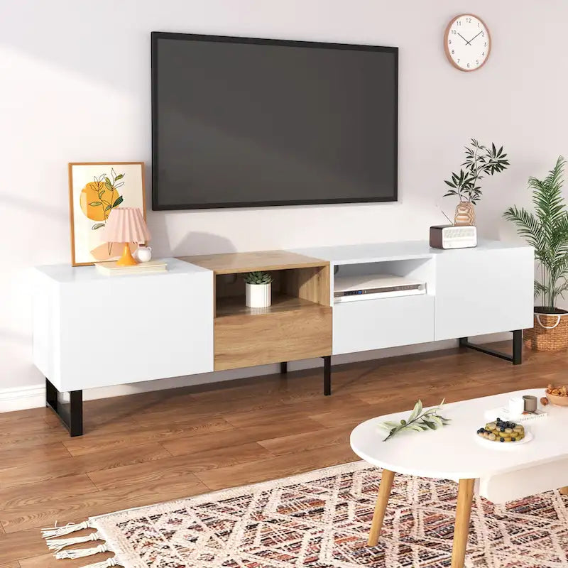 Meuble TV de 190 cm avec 2 placards et étagère de rangement ouverte, convient aux téléviseurs jusqu'à 85 pouces