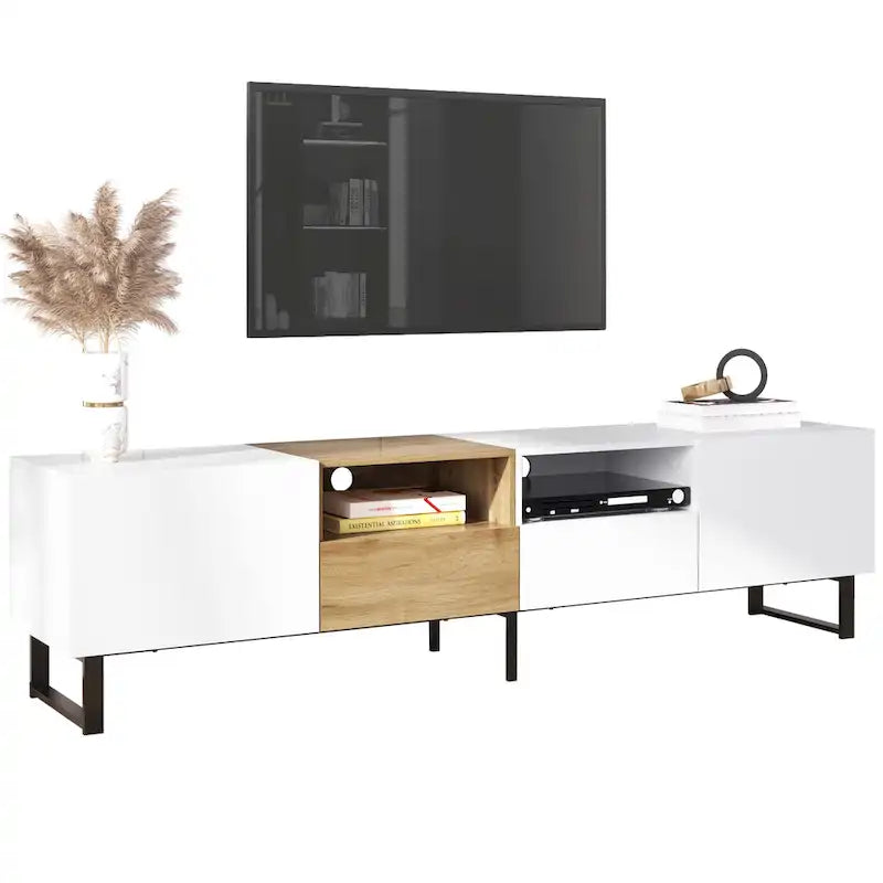 Meuble TV de 190 cm avec 2 placards et étagère de rangement ouverte, convient aux téléviseurs jusqu'à 85 pouces