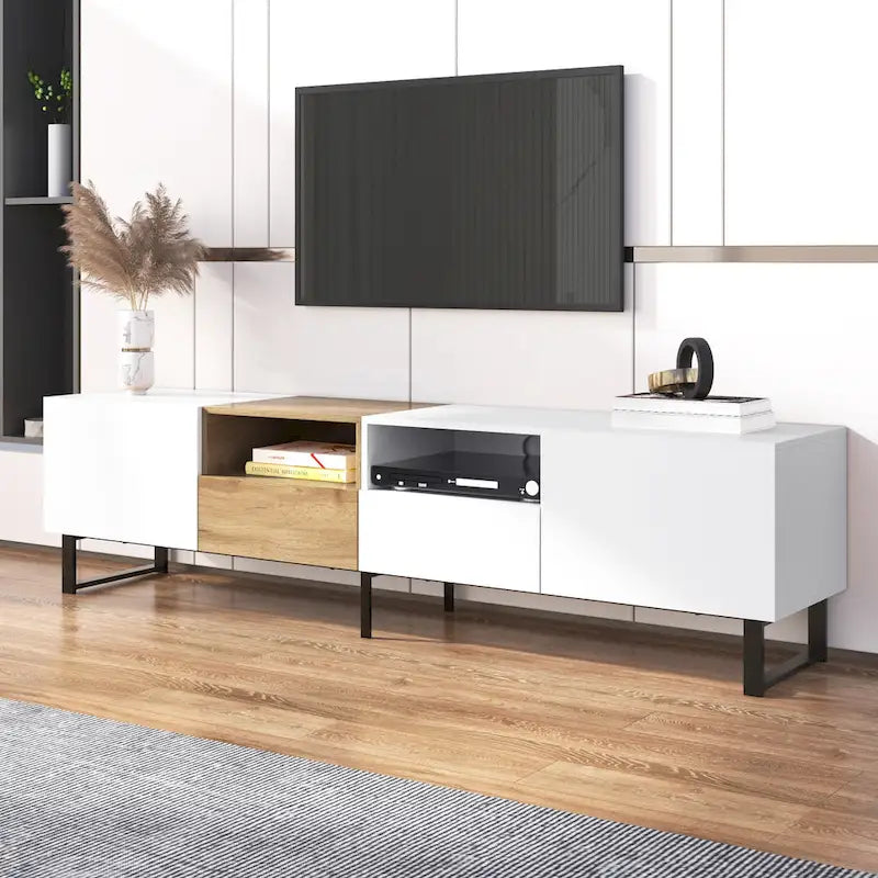 Meuble TV de 190 cm avec 2 placards et étagère de rangement ouverte, convient aux téléviseurs jusqu'à 85 pouces