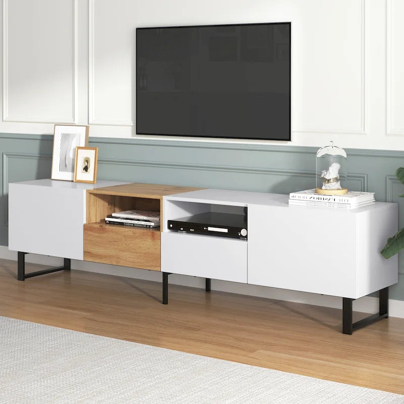 Meuble TV de 190 cm avec 2 placards et étagère de rangement ouverte, convient aux téléviseurs jusqu'à 85 pouces