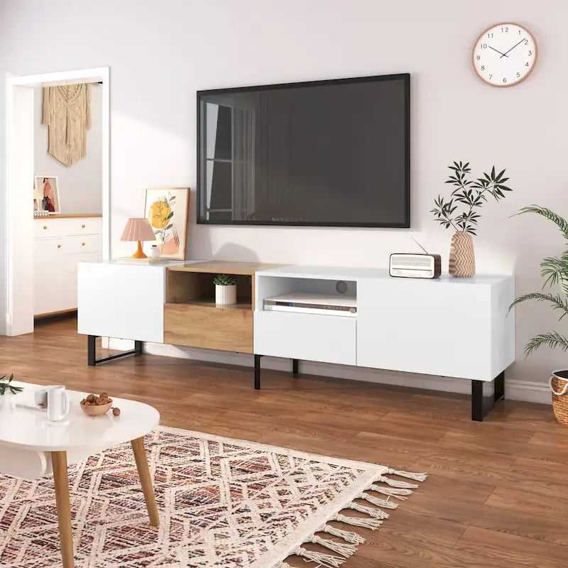 Meuble TV de 190 cm avec 2 placards et étagère de rangement ouverte, convient aux téléviseurs jusqu'à 85 pouces