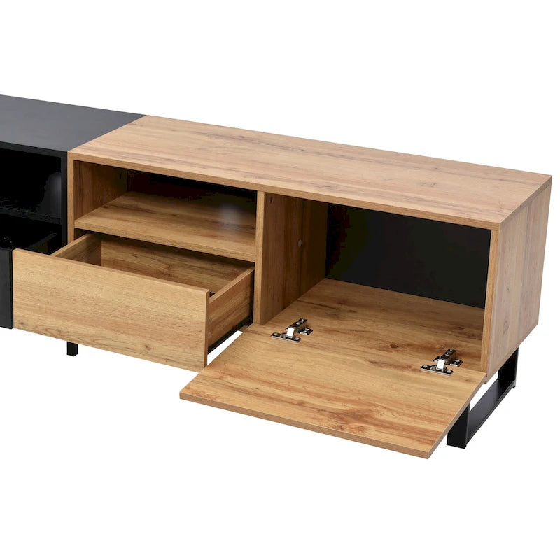 Meuble TV de 190 cm avec 2 placards et étagère de rangement ouverte, convient aux téléviseurs jusqu'à 85 pouces