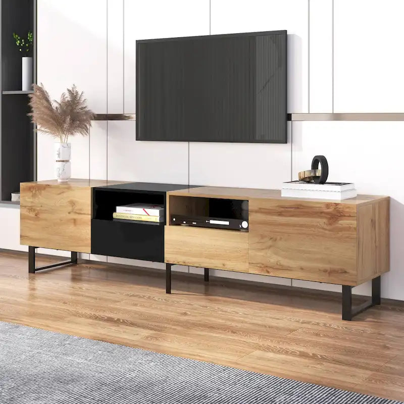 Meuble TV de 190 cm avec 2 placards et étagère de rangement ouverte, convient aux téléviseurs jusqu'à 85 pouces