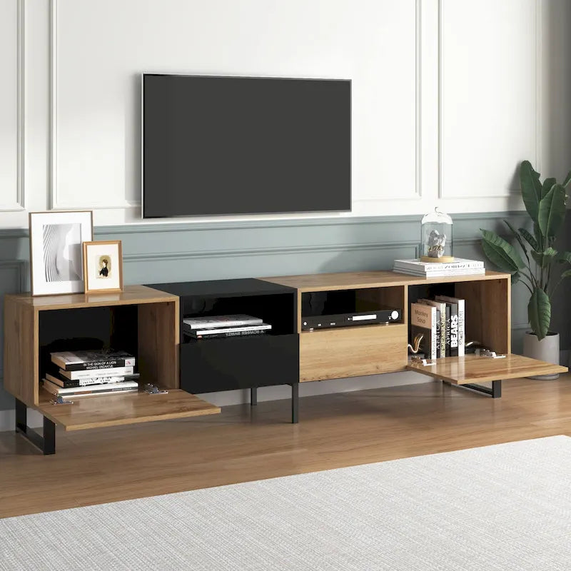 Meuble TV de 190 cm avec 2 placards et étagère de rangement ouverte, convient aux téléviseurs jusqu'à 85 pouces