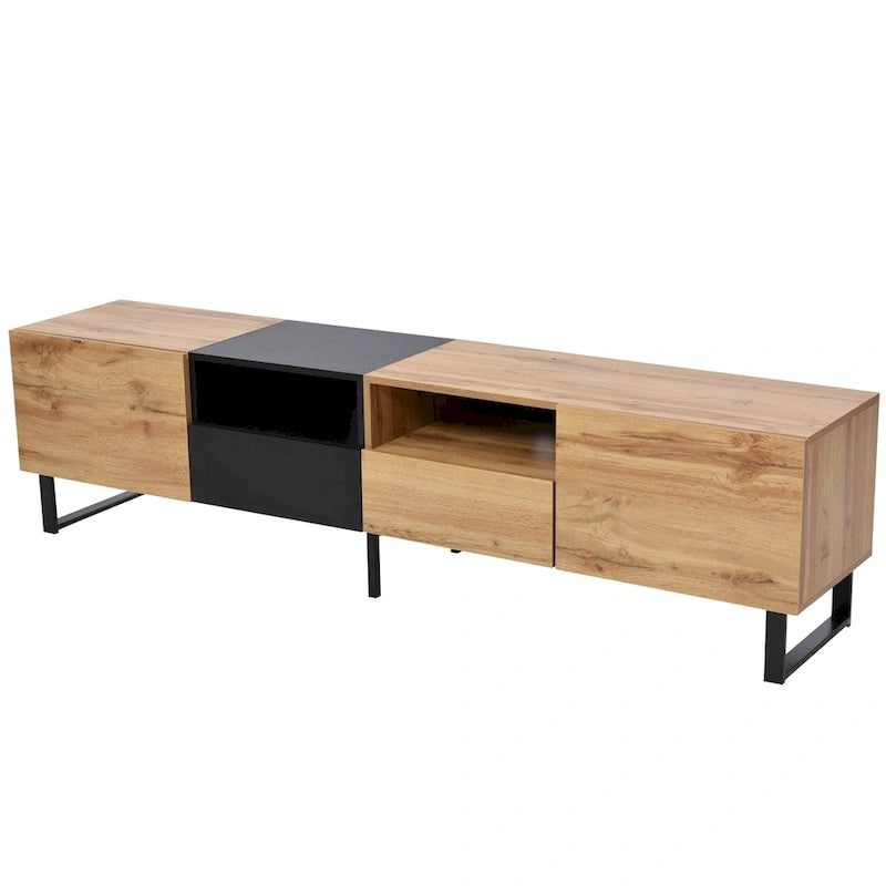 Meuble TV de 190 cm avec 2 placards et étagère de rangement ouverte, convient aux téléviseurs jusqu'à 85 pouces