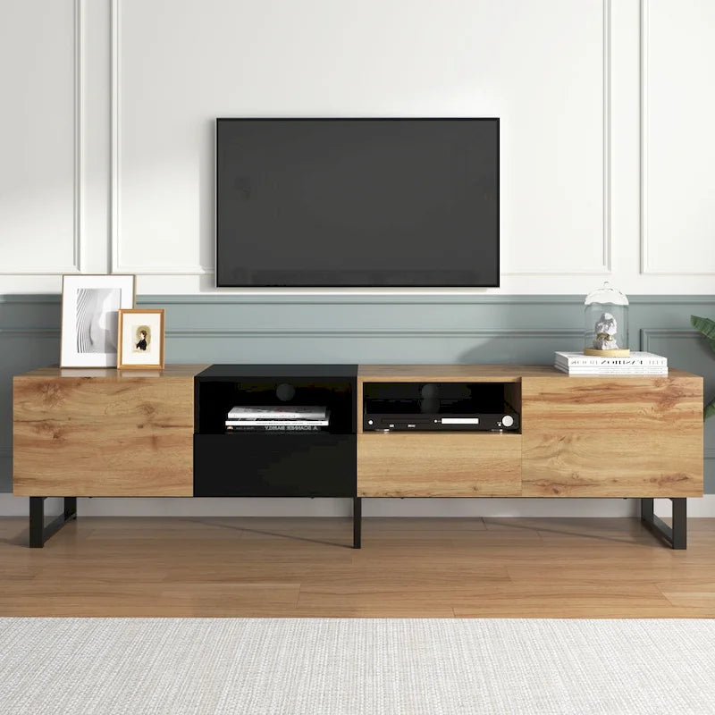 Meuble TV de 190 cm avec 2 placards et étagère de rangement ouverte, convient aux téléviseurs jusqu'à 85 pouces