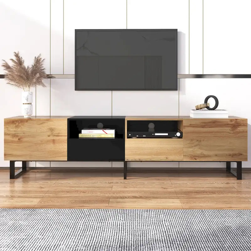 Meuble TV de 190 cm avec 2 placards et étagère de rangement ouverte, convient aux téléviseurs jusqu'à 85 pouces