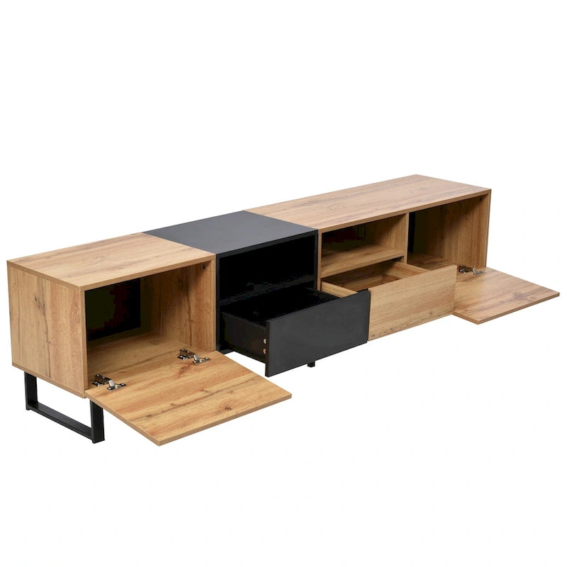 Meuble TV de 190 cm avec 2 placards et étagère de rangement ouverte, convient aux téléviseurs jusqu'à 85 pouces