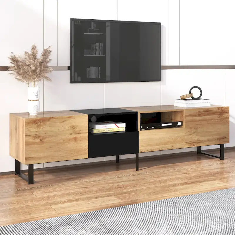 Meuble TV de 190 cm avec 2 placards et étagère de rangement ouverte, convient aux téléviseurs jusqu'à 85 pouces