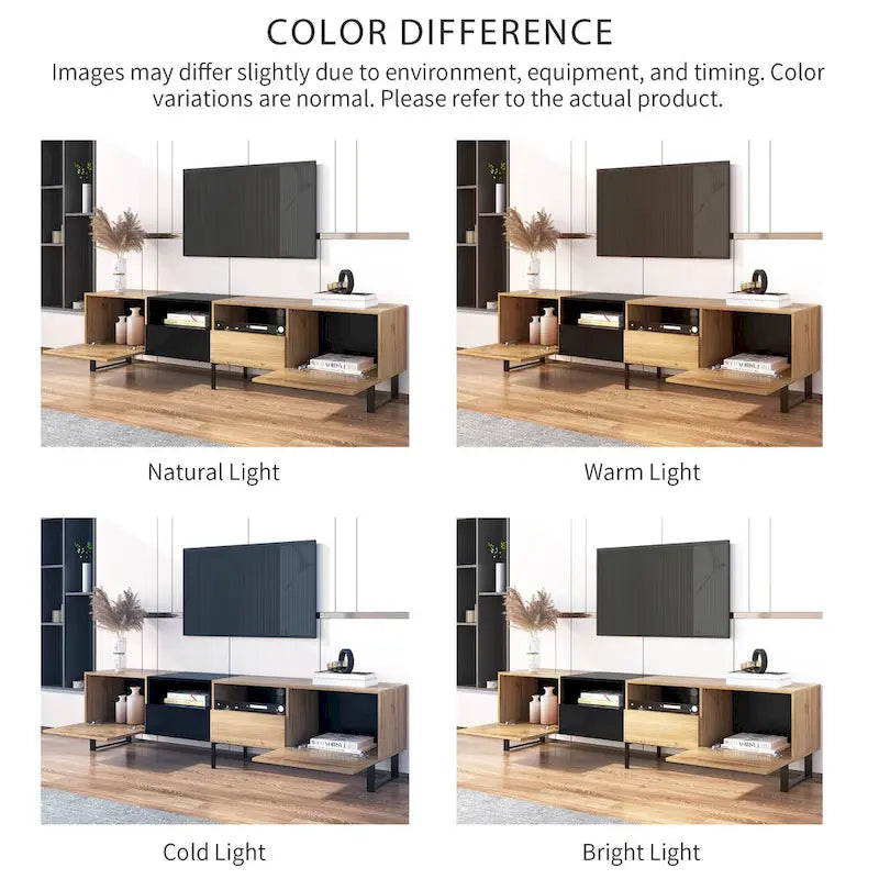 Meuble TV de 190 cm avec 2 placards et étagère de rangement ouverte, convient aux téléviseurs jusqu'à 85 pouces