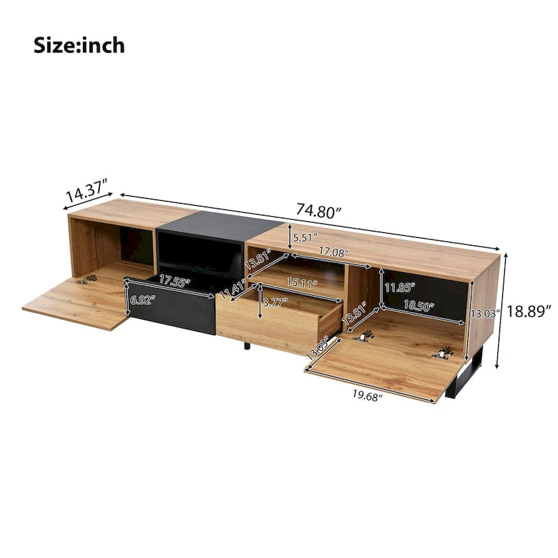 Meuble TV de 190 cm avec 2 placards et étagère de rangement ouverte, convient aux téléviseurs jusqu'à 85 pouces