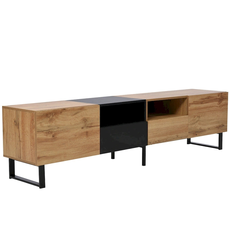 Meuble TV de 190 cm avec 2 placards et étagère de rangement ouverte, convient aux téléviseurs jusqu'à 85 pouces
