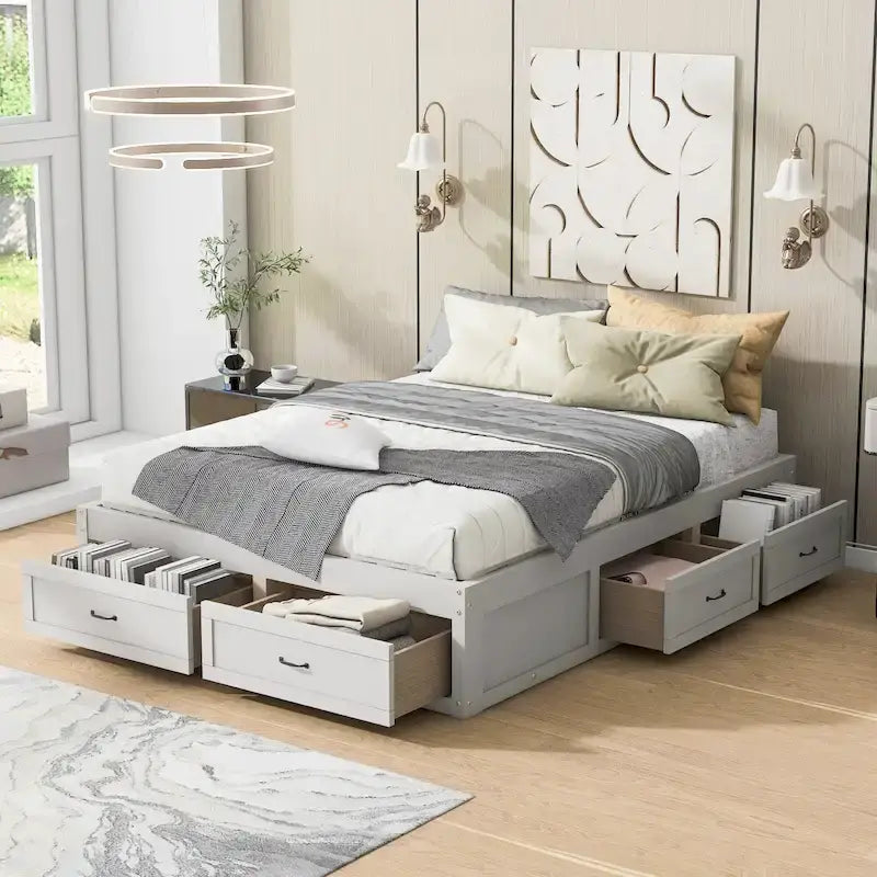 Lit plateforme de rangement Queen avec 6 tiroirs