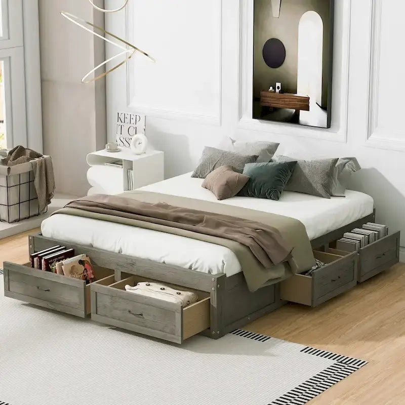 Lit plateforme de rangement Queen avec 6 tiroirs