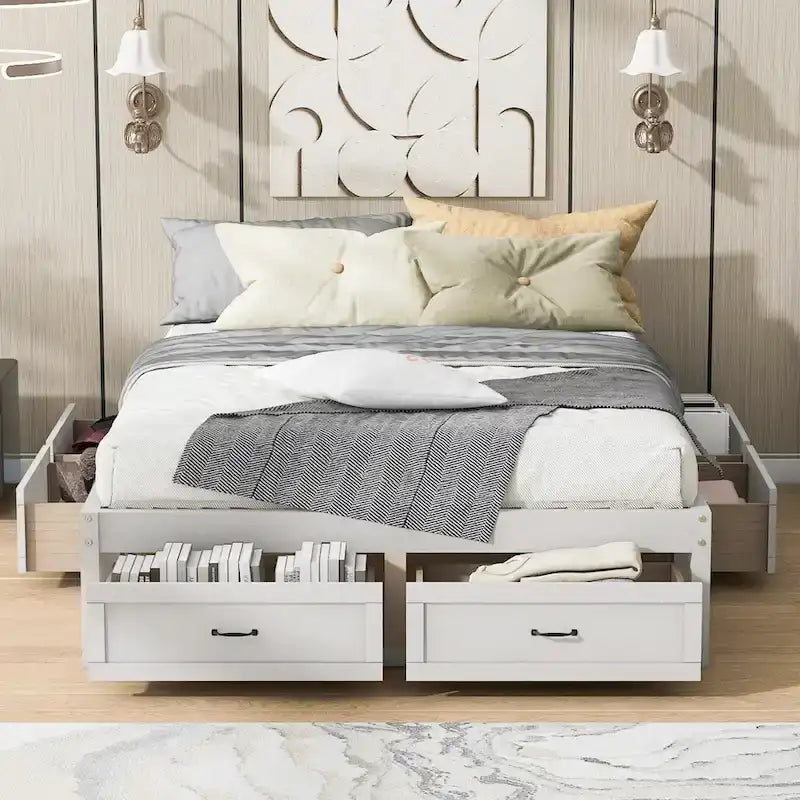 Lit plateforme de rangement Queen avec 6 tiroirs