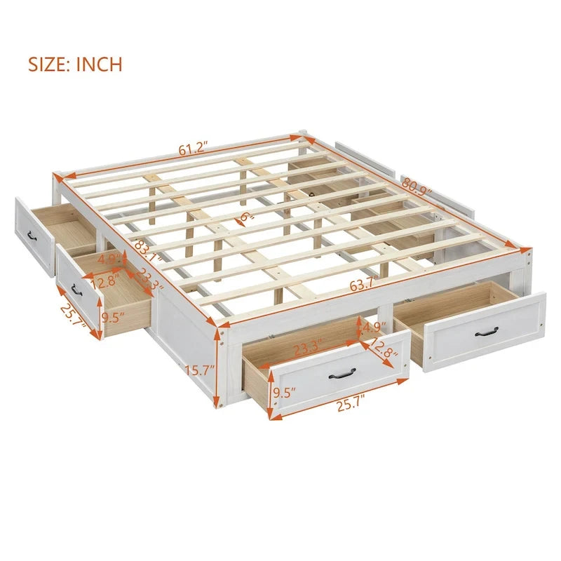 Lit plateforme de rangement Queen avec 6 tiroirs