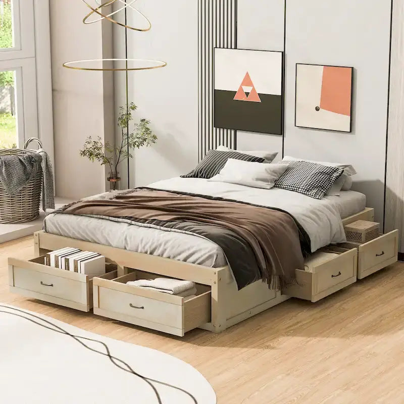 Lit plateforme de rangement Queen avec 6 tiroirs