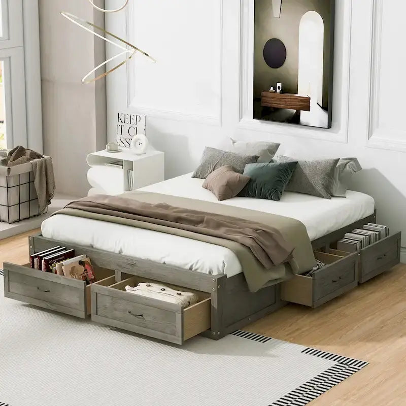 Lit plateforme de rangement Queen avec 6 tiroirs