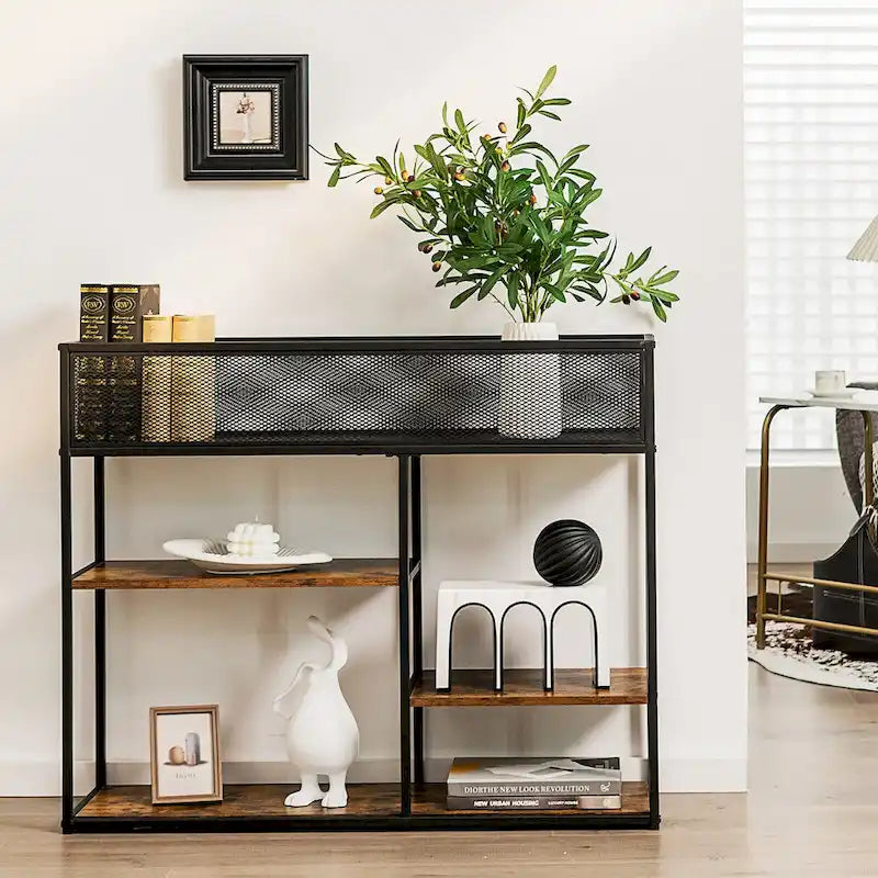 Console étroite à 4 niveaux avec panier métallique et étagères