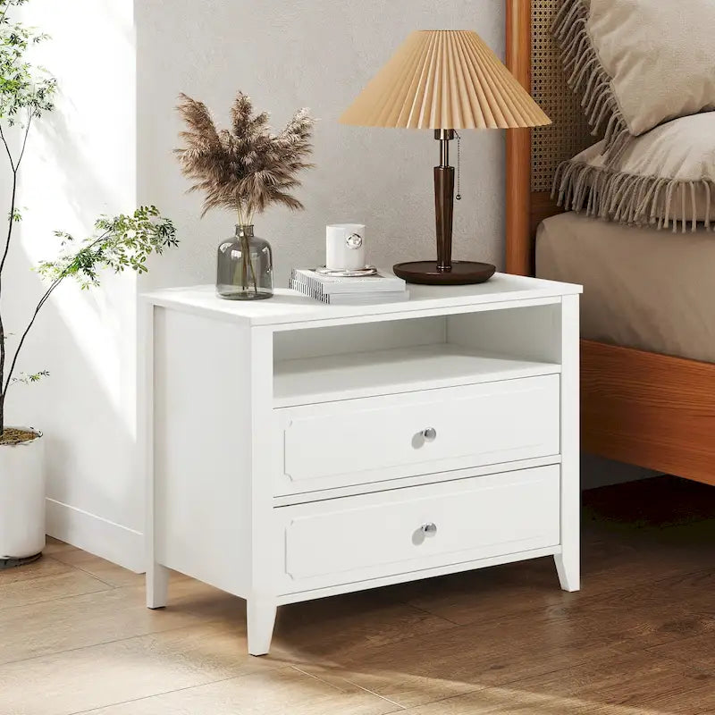 Table de chevet moderne large avec 2 tiroirs, étagère ouverte et pieds en bois massif