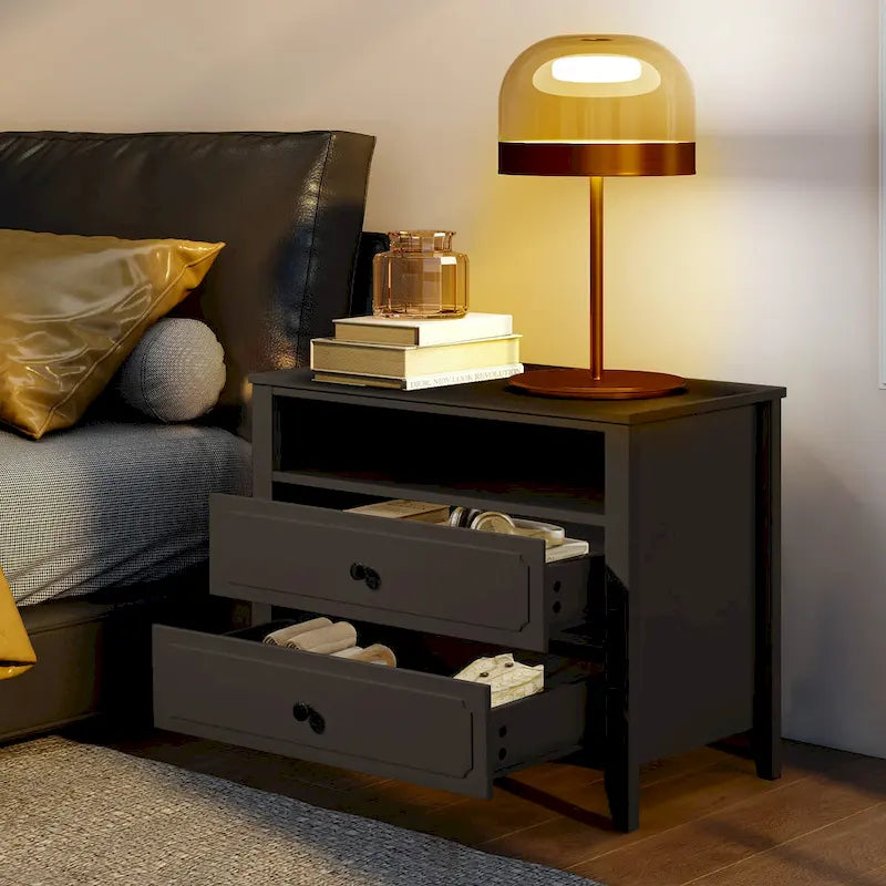 Table de chevet moderne large avec 2 tiroirs, étagère ouverte et pieds en bois massif
