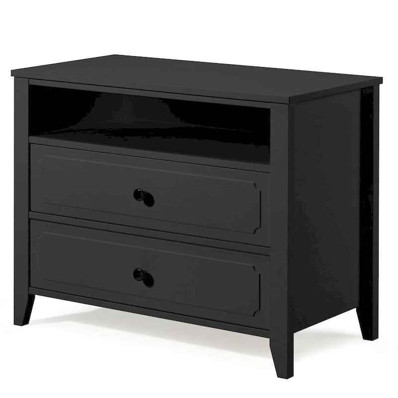 Table de chevet moderne large avec 2 tiroirs, étagère ouverte et pieds en bois massif