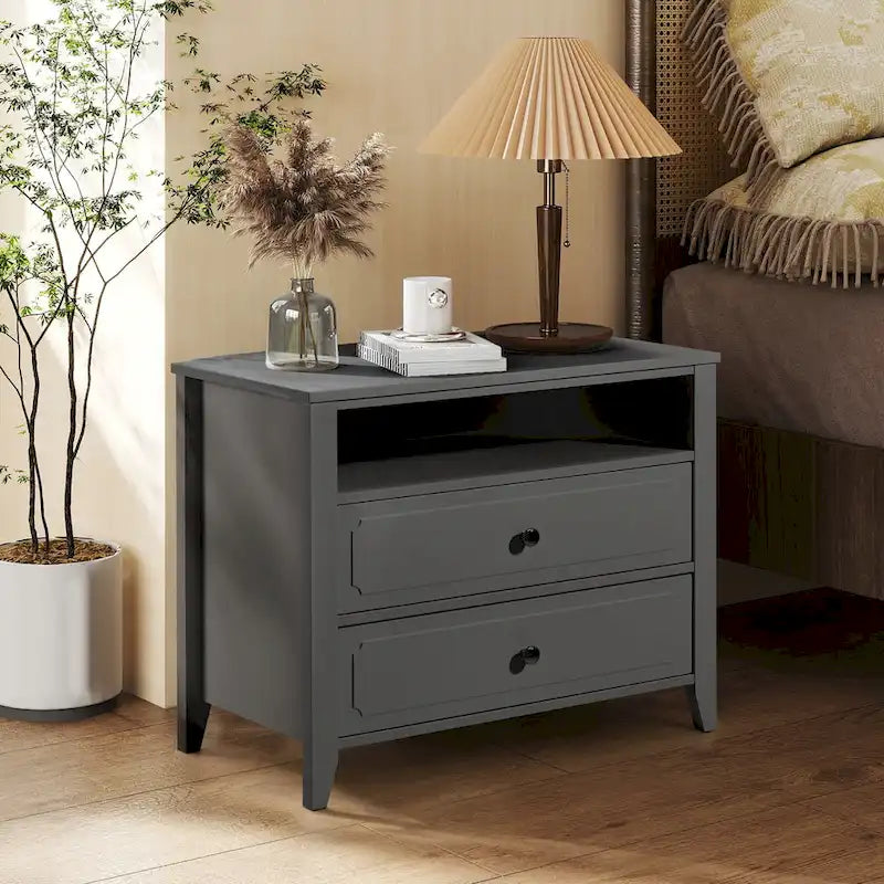 Table de chevet moderne large avec 2 tiroirs, étagère ouverte et pieds en bois massif