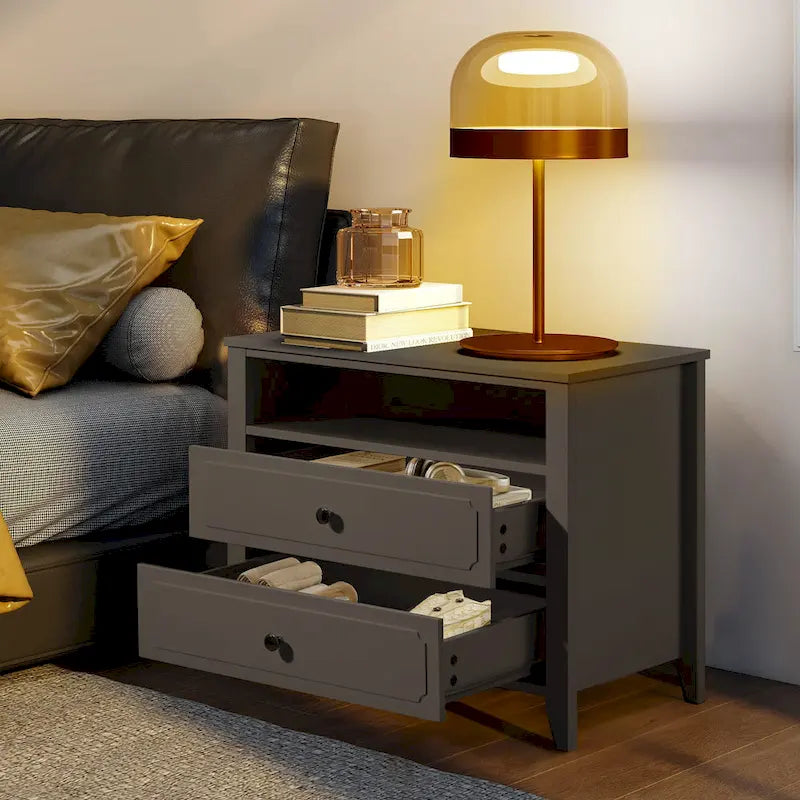 Table de chevet moderne large avec 2 tiroirs, étagère ouverte et pieds en bois massif